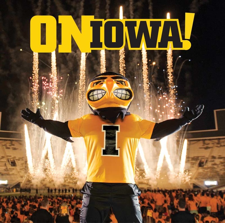 OnIowa photo flyer with Herky in front of fireworks